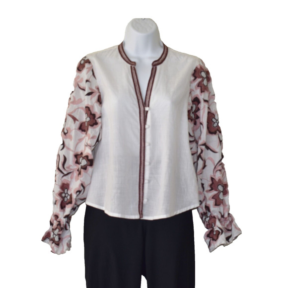 B0 NWT ANTHROPOLOGIE White Cotton Embroidered LS V-Neck Blouse Top Size XS $160 - Picture 1 of 4